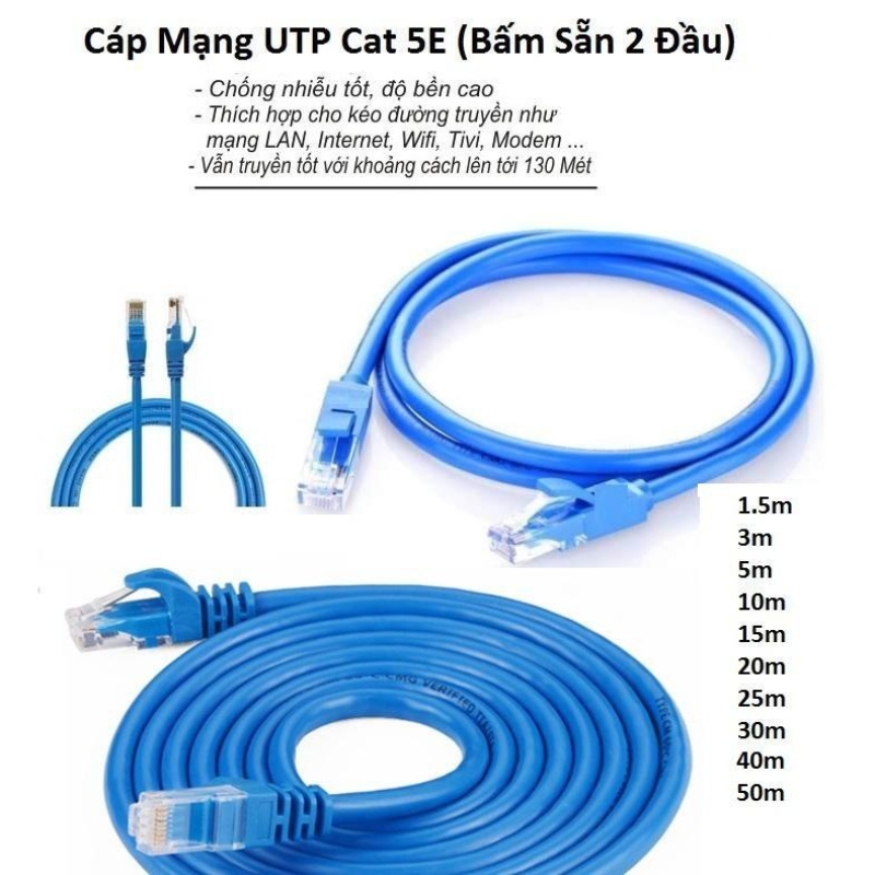 Cáp Mạng Có Đầu Bấm Sẵn (Màu Xanh) 30M