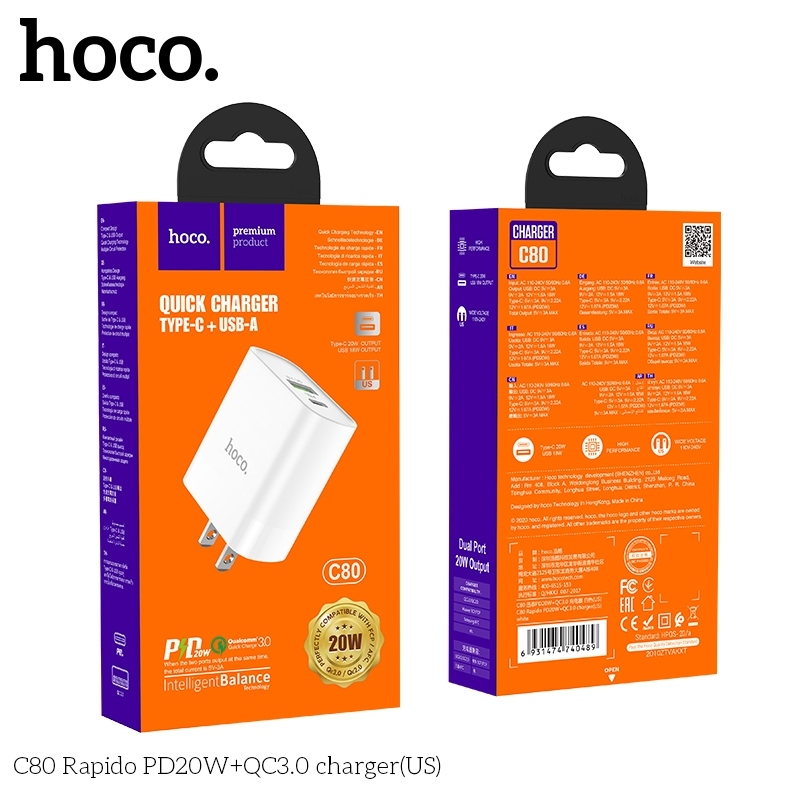 Cóc Sạc Nhanh 20W Hoco C80 (Type-c + USB)