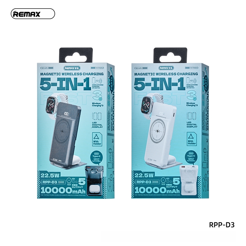 Pin Dự Phòng Không Dây 5in1 Remax RPP-D3 10.000mah Sạc Nhanh QC3.0+PD 22.5W