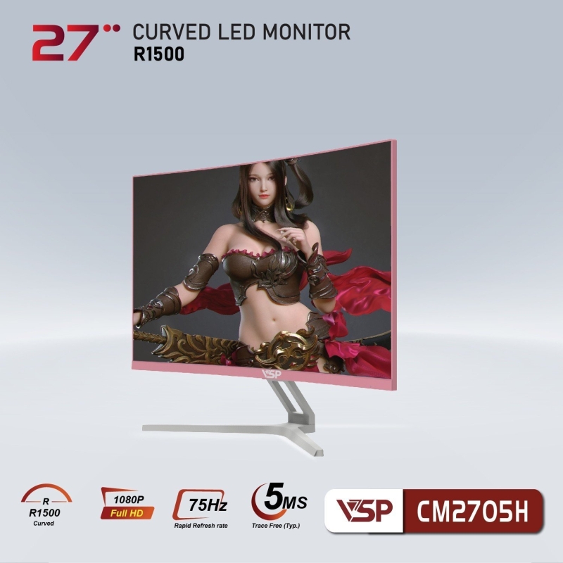 Màn hình cong VSP CM2705H Hồng (27 inch, Full HD, VA, 75Hz, 6ms) đặt trước 2 tiếng