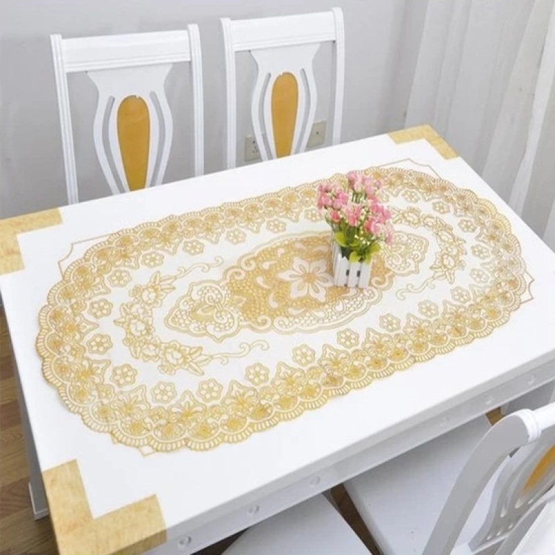 Khăn Trải Bàn Ăn Viền Vàng Hoa Ren 120x60cm (Hình Ovan)