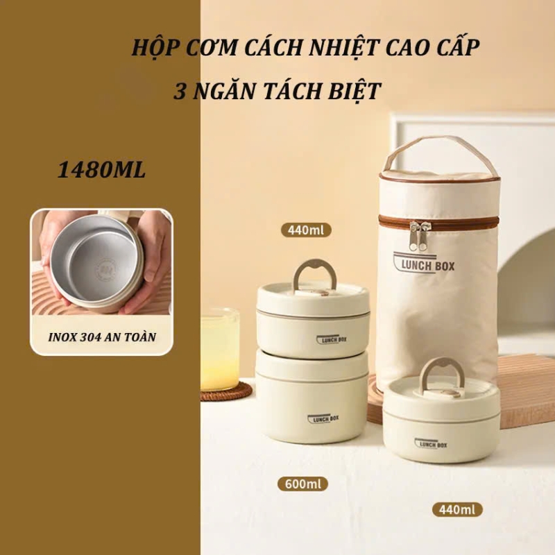 Hộp Cơm Giữ Nhiệt Văn Phòng Lunch Box 3 Tầng Kèm Túi