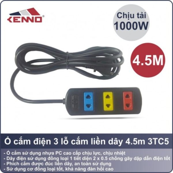 Ổ Cắm Điện Kenno 3 Lỗ Màu Dây 4.5m Chính Hãng