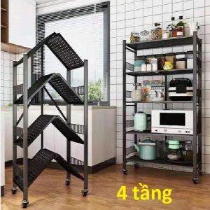 Kệ 4 Tầng Có Bánh Xe Gấp Gọn (Sơn Tỉnh Điện Đen)