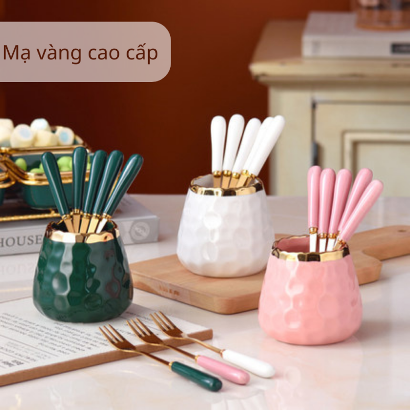 Lọ Sứ Đựng Nĩa Trái Cây, Muỗng Cafe Viền Vàng