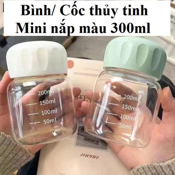 Bình/ Cốc Thủy Tinh Mini Nắp Màu 300ml