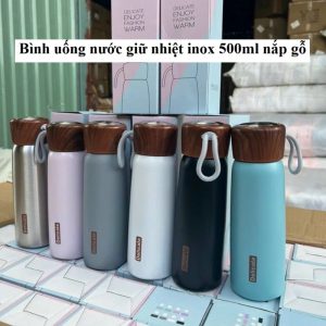 Bình Uống Nước Giữ Nhiệt Inox Delicate 500ml Nắp Gỗ