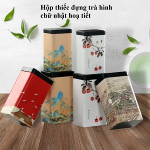 Hộp Thiếc đựng Trà Hình Chữ Nhật Hoạ Tiết (14.3*8.5cm)//