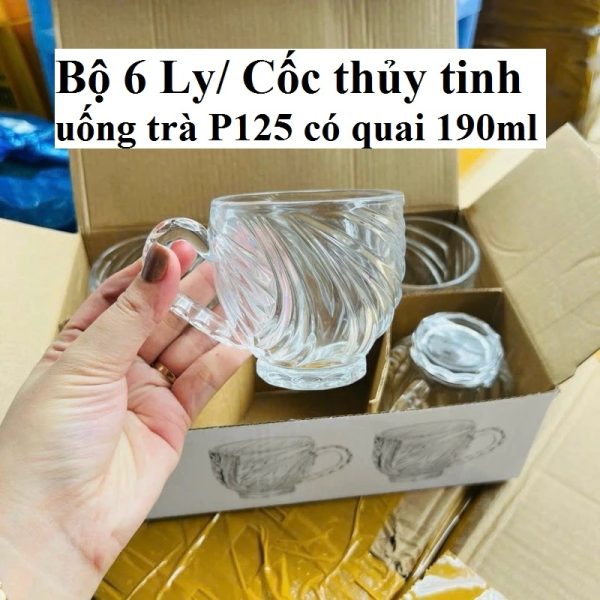 Bộ 6 Ly/ Cốc Thủy Tinh Uống Trà P125 Có Quai 190ml