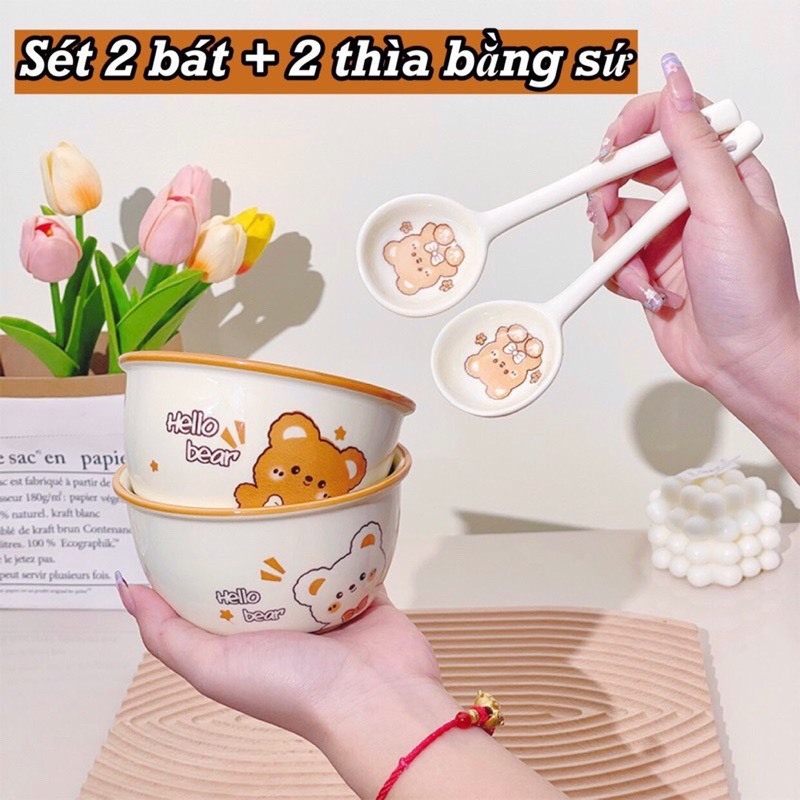 Set 2 Bát + 2 Thìa/ Muỗng Họa Tiết Nhiều Hình