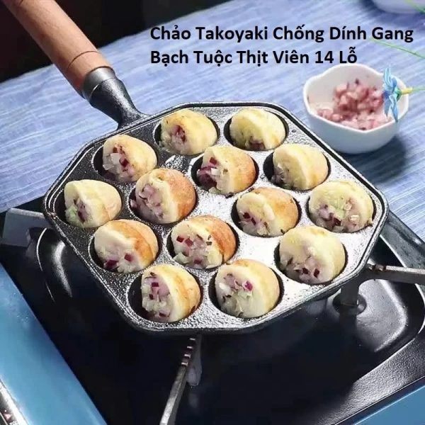 Chảo Takoyaki Chống Dính Gang Bạch Tuộc Thịt Viên 14 Lỗ