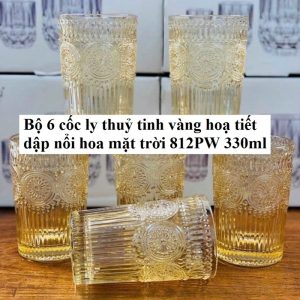 Bộ 6 Cốc Ly Thuỷ Tinh Vàng Hoạ Tiết Dập Nổi Hoa Mặt Trời 812PW 330ml