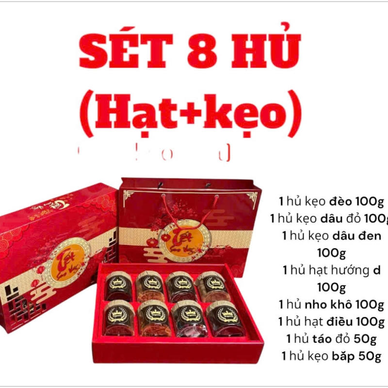 Sét Quà Tết 8 Hủ (Hạt+Kẹo) Giỏ đỏ