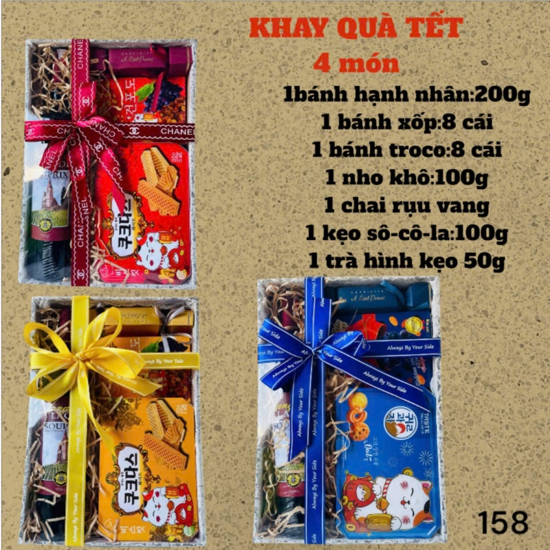 Sét Quà Tết Khung Gỗ 4 Món (rượu+bánh+nho+trà)