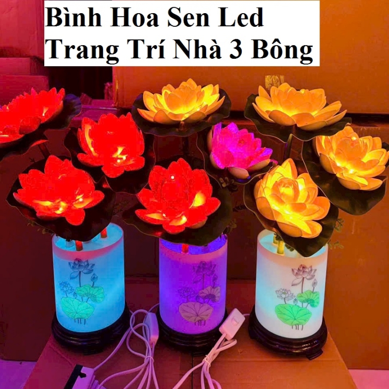 Bình Hoa Sen Led Trang Trí Nhà 3 Bông