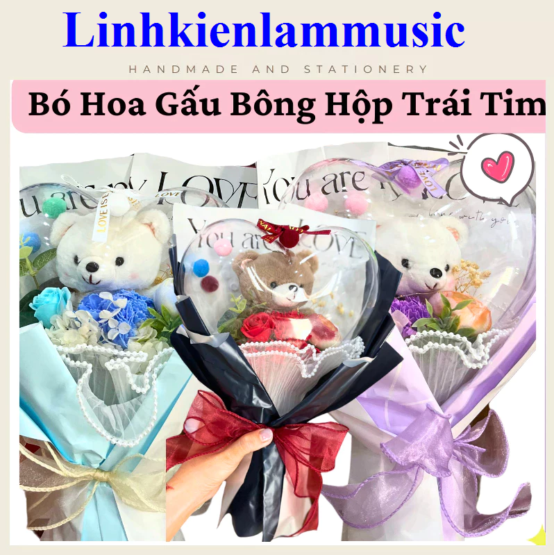 Bó Hoa Gấu Bông Trái Tim Trong Suốt