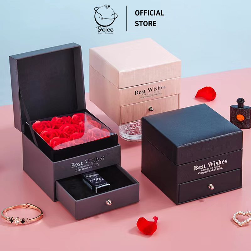 Hộp hoa hồng sáp có ngăn kéo 2 tầng với hoa hồng sành điệu độc đáo, đựng trang sức dùng làm quà tặng sinh nhật-valentine