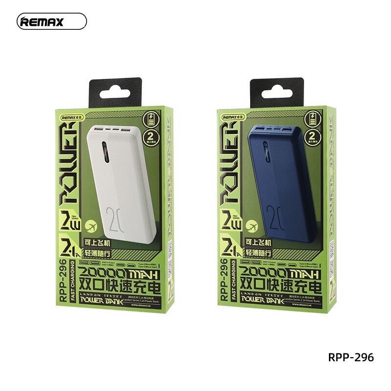 Pin Sạc Dự Phòng Remax RPP-296 Dung Lượng 20000mAh Lõi Polymer 2 Cổng Sạc Vào, 2 Cổng Sạc Ra sạc nhanh 10w
