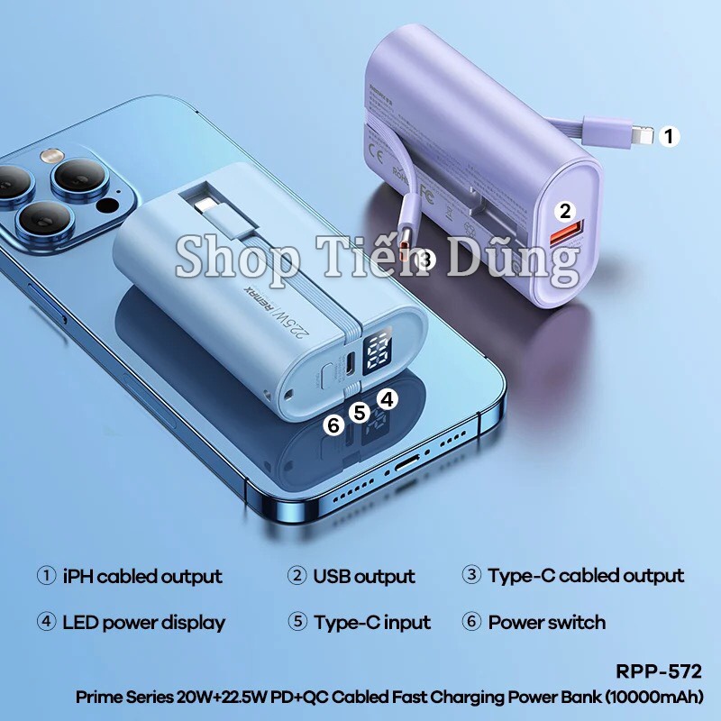 Pin sạc dự phòng nhanh 20w Remax RPP 572 dung lượng 10000mAh kèm 2 dây sạc và dây treo siêu nhỏ gọn Super 20W+22.5W PD+Q | Shopee Việt Nam
