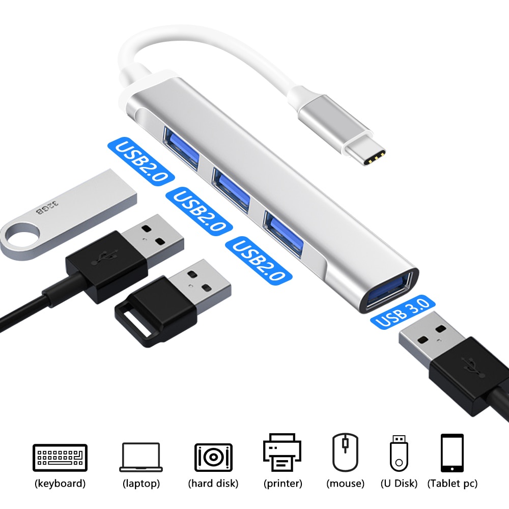 Hub/ Bộ Chia Type-C/ USB Ra 4 Cổng USB 3.0 Trắng Vỏ Nhôm