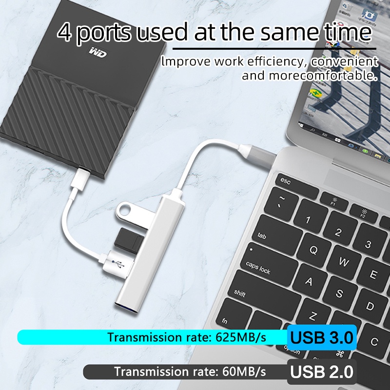 Hub/ Bộ Chia Type-C/ USB Ra 4 Cổng USB 3.0 Trắng Vỏ Nhôm