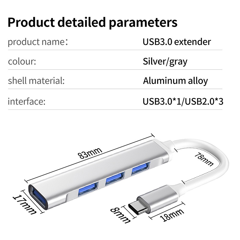 Hub/ Bộ Chia Type-C/ USB Ra 4 Cổng USB 3.0 Trắng Vỏ Nhôm