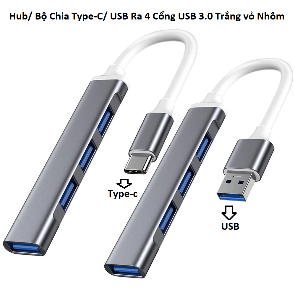 Hub/ Bộ Chia Type-C/ USB Ra 4 Cổng USB 3.0 Trắng Vỏ Nhôm