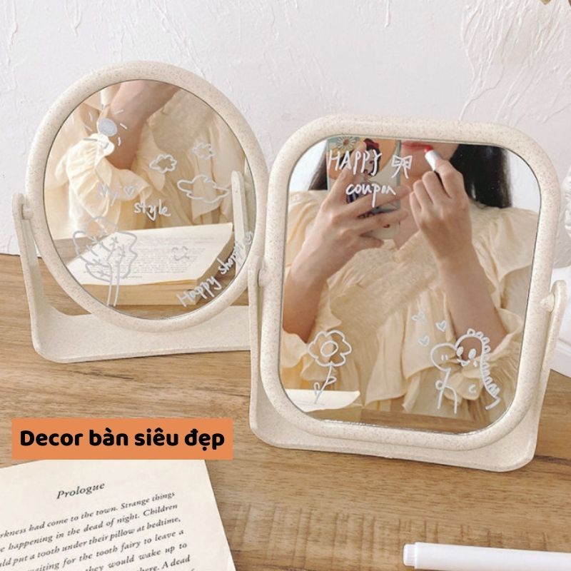 Gương trang điểm lúa mạch để bàn xoay 360 độ tiện lợi, gương 2 mặt hình tròn và vuông decor phòng phong cách hàn quốc | Lazada.vn