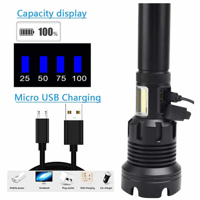 Đèn pin LED COB XHP90 có thể sạc lại bằng USB, đèn pin LED có thể thu phóng, chống nước, nhôm, đèn pin LED mạnh mẽ