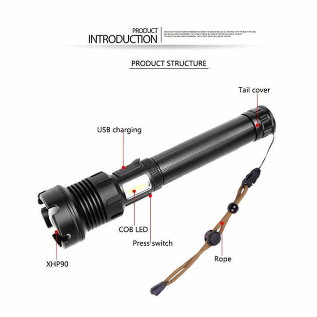 Đèn pin LED COB XHP90 có thể sạc lại bằng USB, đèn pin LED có thể thu phóng, chống nước, nhôm, đèn pin LED mạnh mẽ