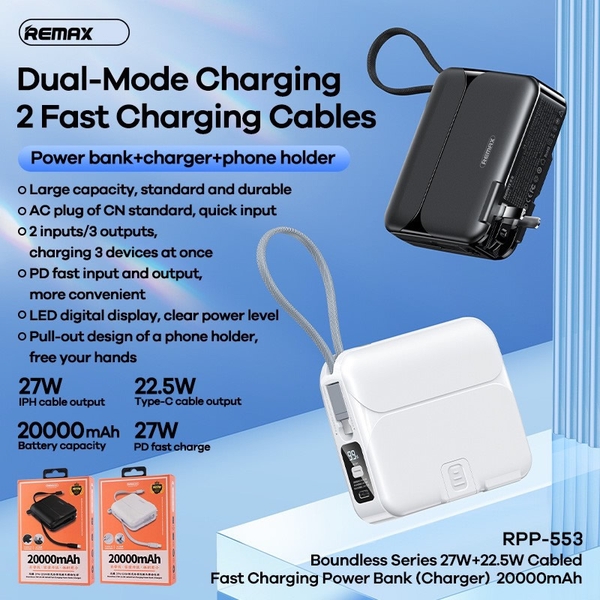 Pin sạc nhanh 22.5w+ 27w REMAX RPP-553 20.000mAh PD QC3.0 dự phòng chính hãng [BH 1 năm]
