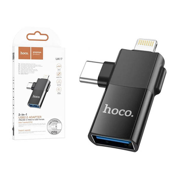 OTG Перехідник 2в1 USB to TypeC/Lightning Hoco UA17: продаж, ціна у Києві.  Кабелі для електроніки від "Ліхтарики" - 2216453505