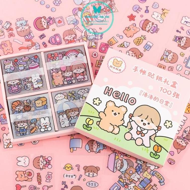 Hộp 100 Tấm Sticker dán trang trí không trùng hình, Set 100 tấm sticker dễ thương