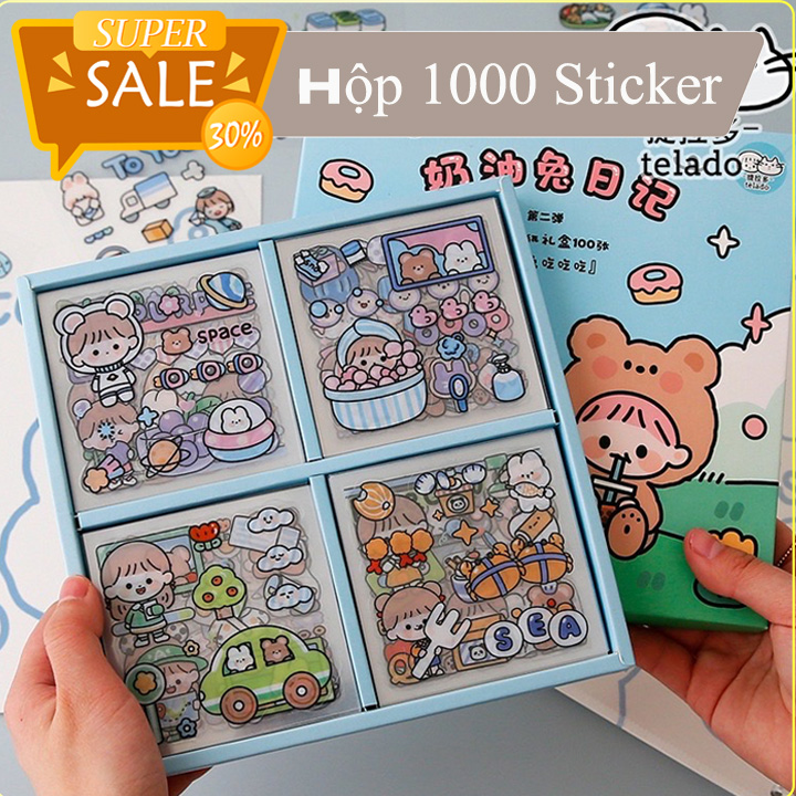 Bộ 1000 sticker dễ thương dán trang trí sổ. điện thoại. cốc , laptop - Hộp 100 tấm sticker.. có hộp đựng đi kèm ( 1000 Sticker nằm trong 100 tấm ô vuông) | Lazada.vn