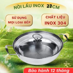 Nồi lẩu inox 304 nắp kính 27cm