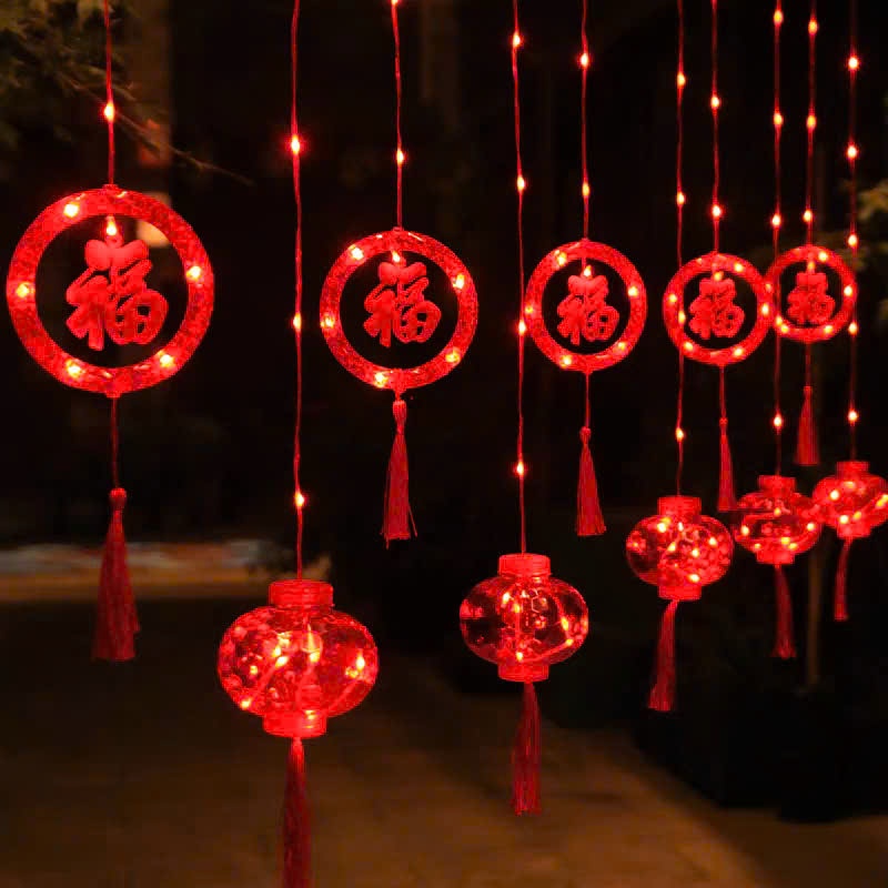 Dây đèn led rèm lồng đèn đỏ may mắn trang trí lễ Tết, chống thấm ngoài trời  (cắm điện)