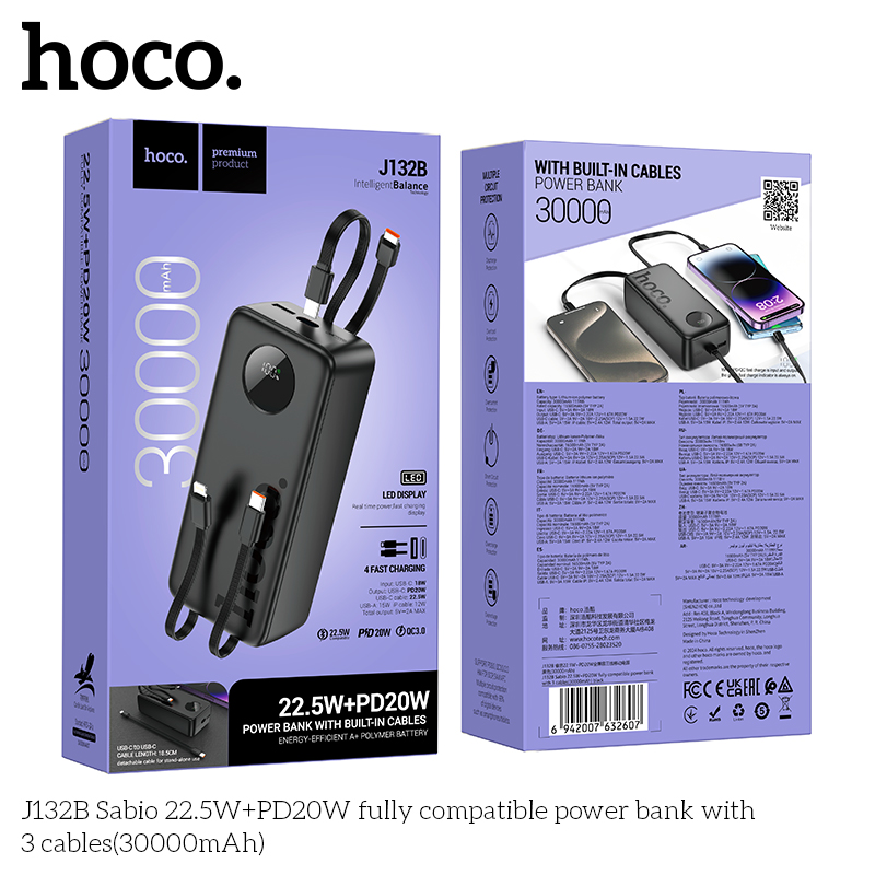 Pin dự phòng Hoco J132B 30000mAh TypeC PD 20W, Cáp TypeC 22.5W, kèm cáp C  to C Nhất Tín Computer