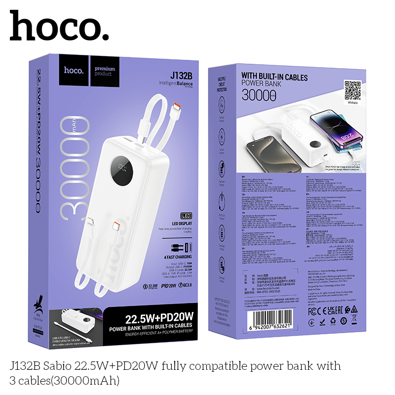 Pin dự phòng J132B Sabio 22,5W+PD20W kèm 3 dây cáp (30000mAh)