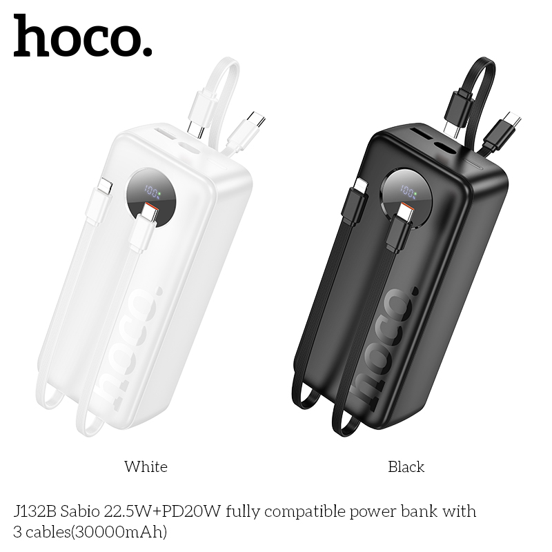 Sạc dự phòng J132B Sabio 22.5W+PD20W với 3 dây cáp (30000mAh)