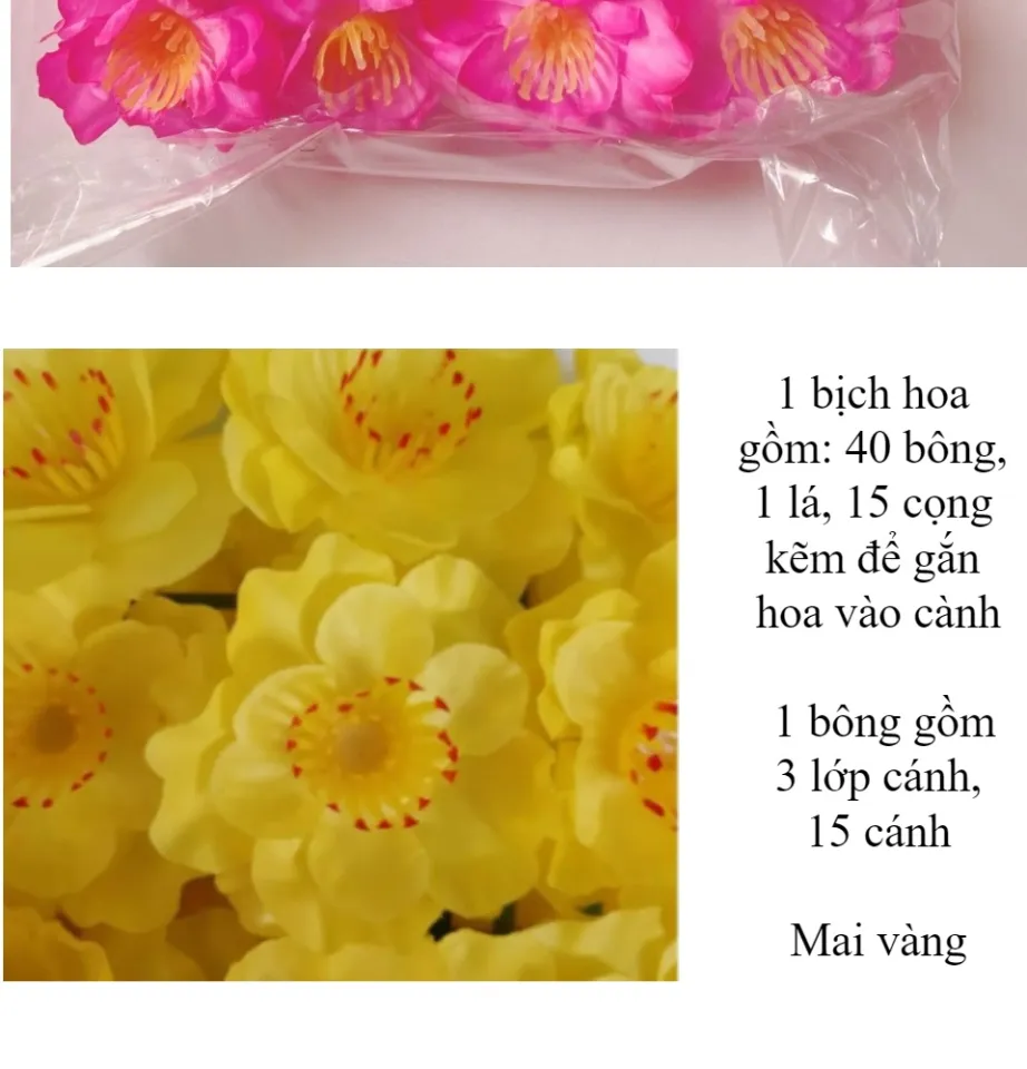 Bịch Hoa mai giả màu vàng, đào giả màu hồng bằng vải, bịch 40 bông+15 kẽm+1 lá, chất lượng cao, trang trí Tết như hoa thật | Lazada.vn