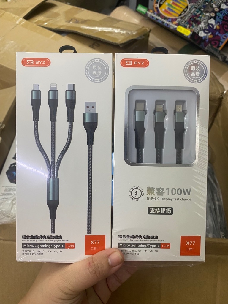 Cáp sạc nhanh 100W 3 đầu BYZ X77 dây dù chính hãng dài 1.2m [BH: