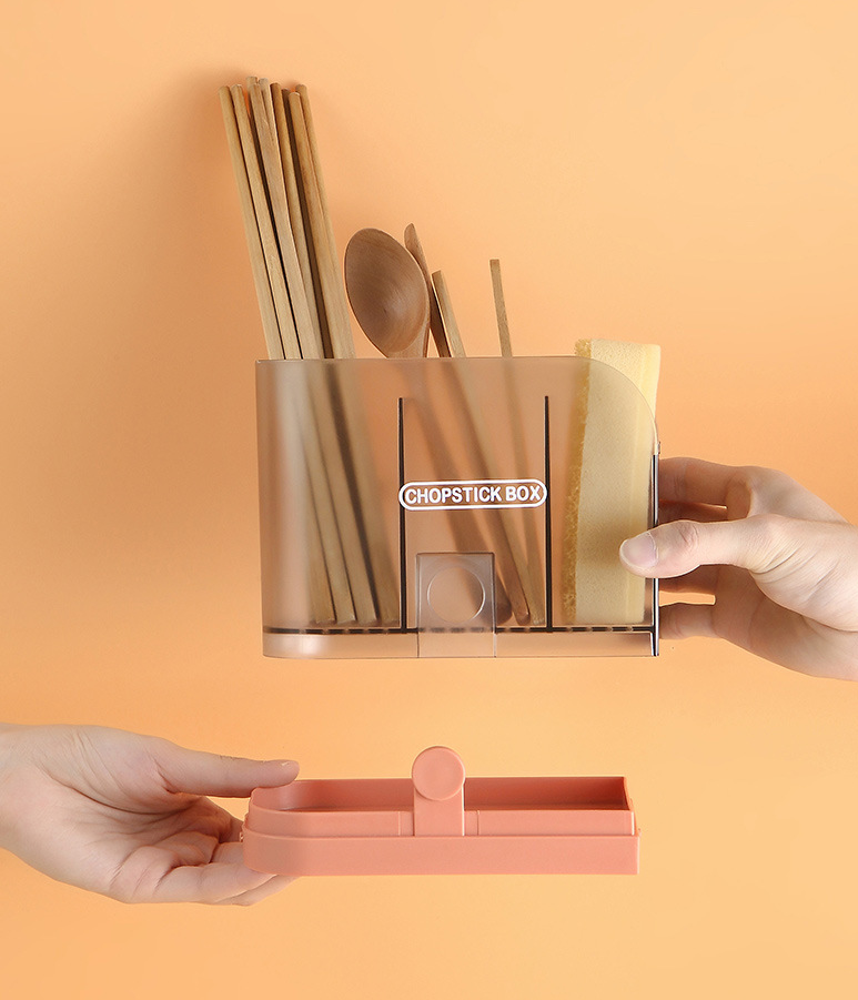 Hộp đựng đũa muỗng dán tường có móc treo khăn