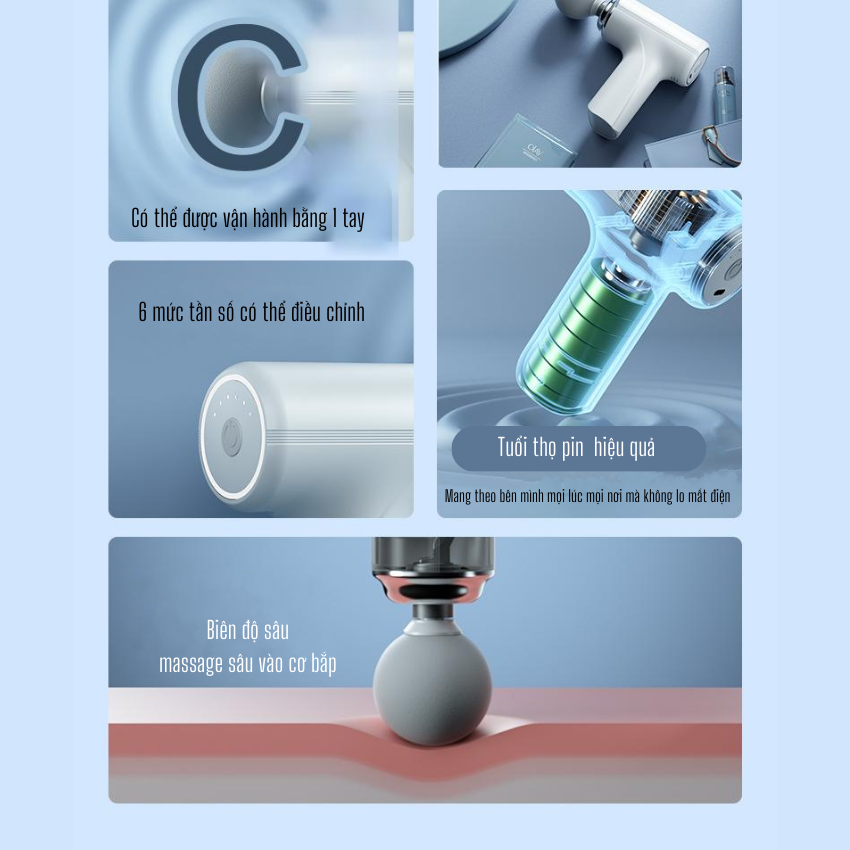 Máy Massage Cầm Tay Joou MG-203 Pin Siêu Bền Lực Massage Mạnh 6 Chế Độ 4 Đầu Thay