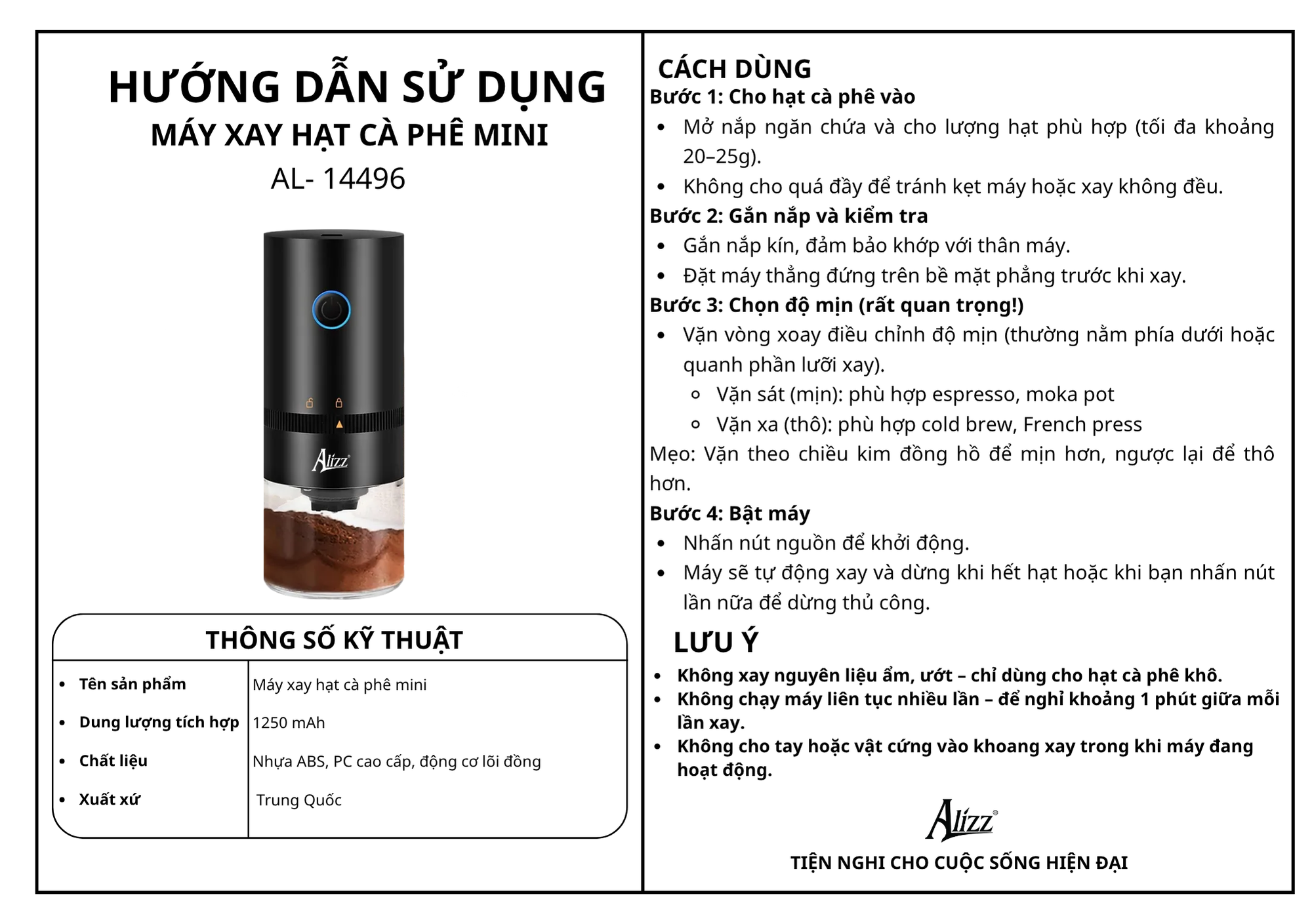 Máy xay hạt cà phê mini ALIZZ AL-14496