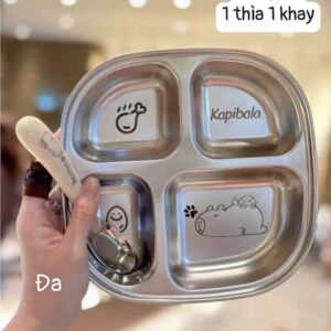 Khay Ăn Dặm Inox (4 Ngăn) Kèm Thìa Hình Thú