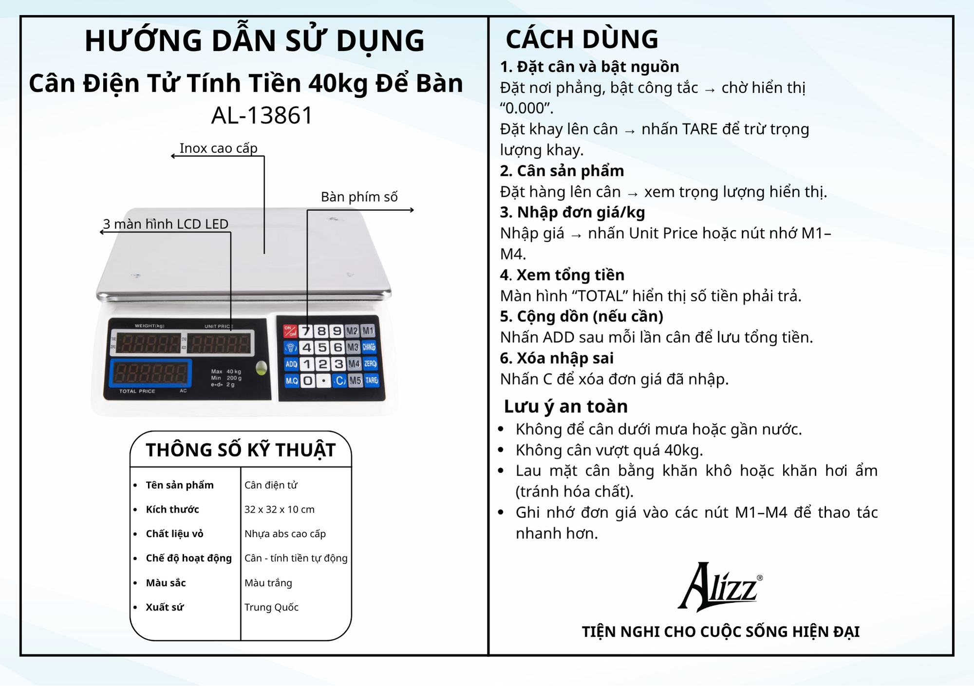 Cân Điện Tử Tính Tiền 40kg Để Bàn ALIZZ AL-13861