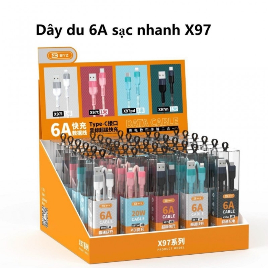 Dây sạc nhanh 1m BYZ X97 công suất 6A có bọc chống đứt cáp 2 đầu hỗ trợ truyền dữ liệu, Cáp sạc nhanh dây dù