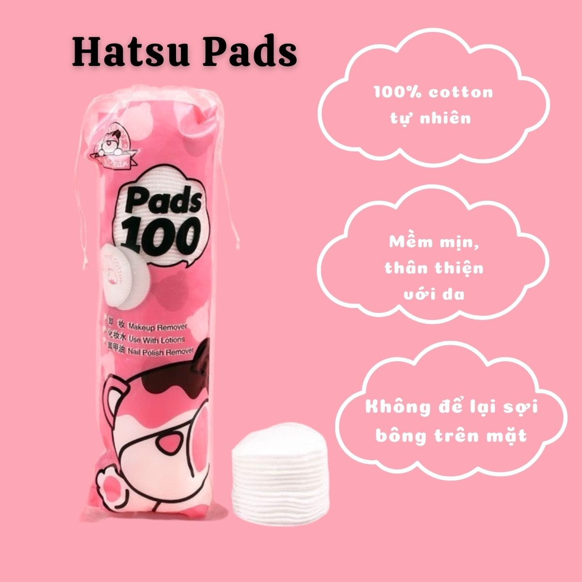 Bông Tẩy Trang Gấu Hồng Hatsu Pads Dày Mịn Dập Viền Không Xơ Bông Cao Cấp Túi 150 Miếng