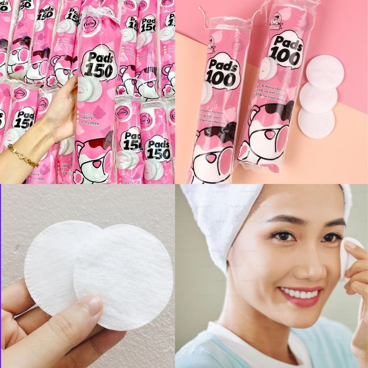 Bông Tẩy Trang Gấu Hồng Hatsu Pads Dày Mịn Dập Viền Không Xơ Bông Cao Cấp Túi 150 Miếng