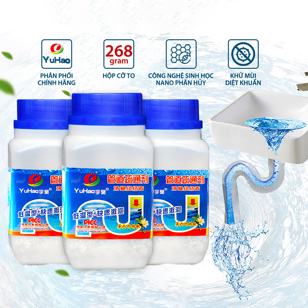 Bột Thông Cống YUHAO 268gr - Thông Tắc Cống Đường Ống Bồn Cầu Bồn Rửa Mặt - Botthongcong.vn